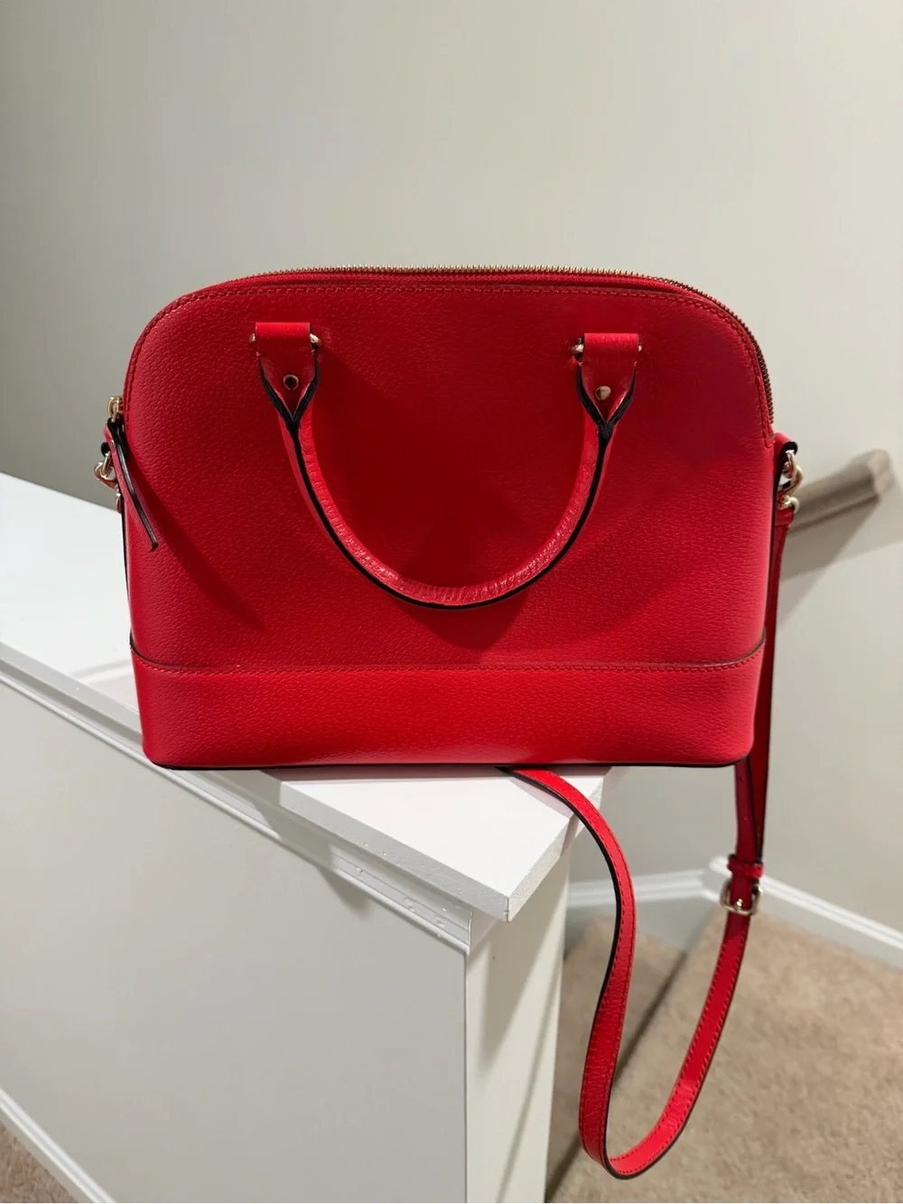 kate spade Red Pebbled Leather Dome Satchel with Crossbody Strap